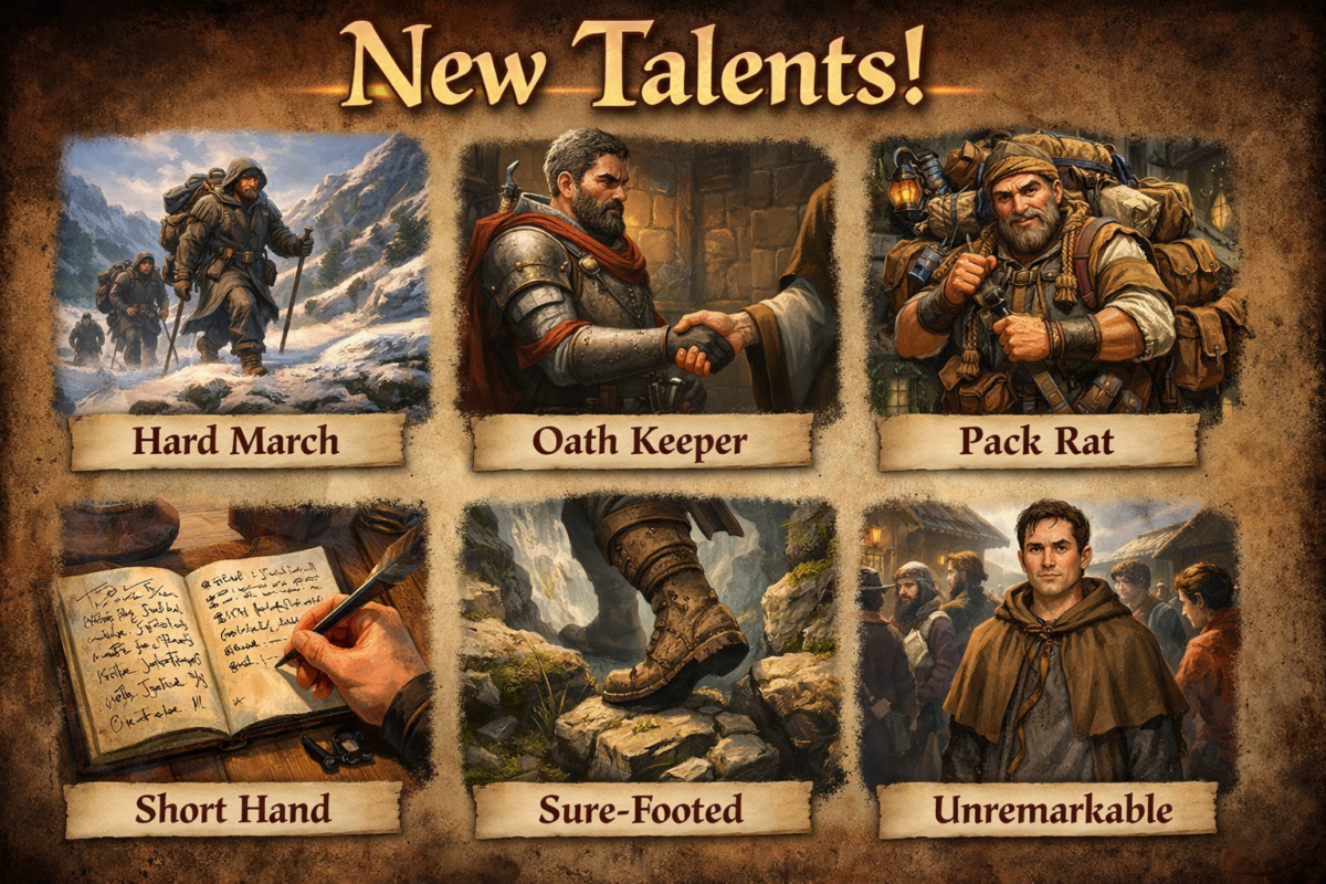 Hard March, Oath Keeper, Pack Rat, Short Hand, Sure-Footed, and Unremarkable | New Talents | Fantasy Setting